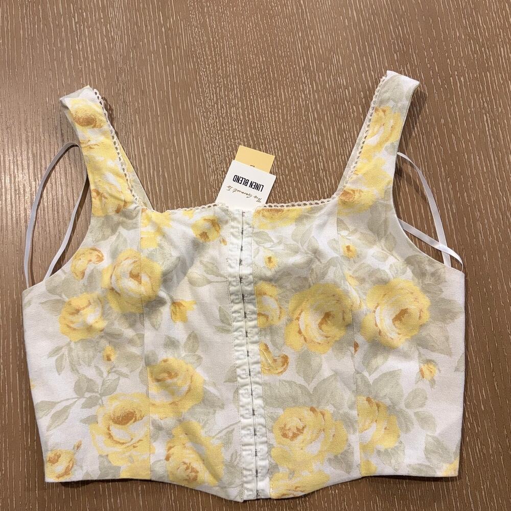 Monteau Los Angeles Yellow Floral Corset Crop Top Smocked Back Rayon Linen Sz XL